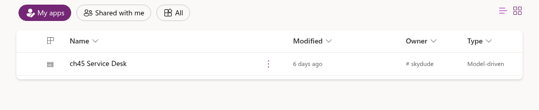 The Apps list in the maker portal with the My apps filter selected: a single row for ch45 Service Desk under columns headed Name, Modified, Owner and Type, whose Type cell reads Model-driven, and below it the foot of the card with empty space under that.